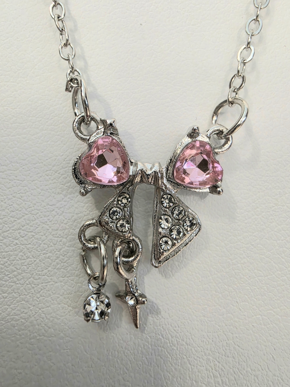 Y2K Coquette Pink Rhinestone Charm Necklace With Dangling Accessories Sz 18.25"